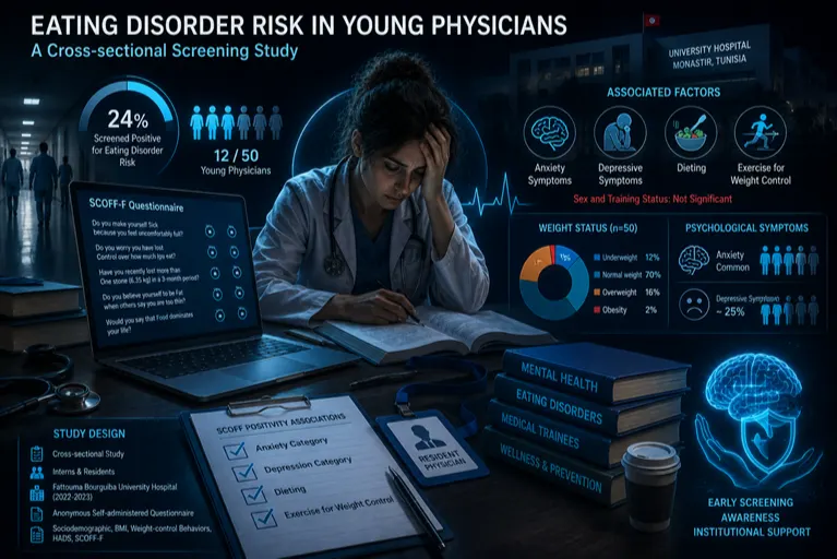 Cover image for Eating Disorder Risk among Young Physicians in a Tunisian University Hospital: A Cross- sectional Screening Study Running head: Eating Disorder Risk in Young Physicians